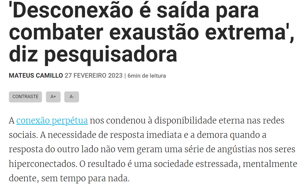 ‘Desconexão é saída para combater exaustão extrema’. Entrevista à Folha de São Paulo